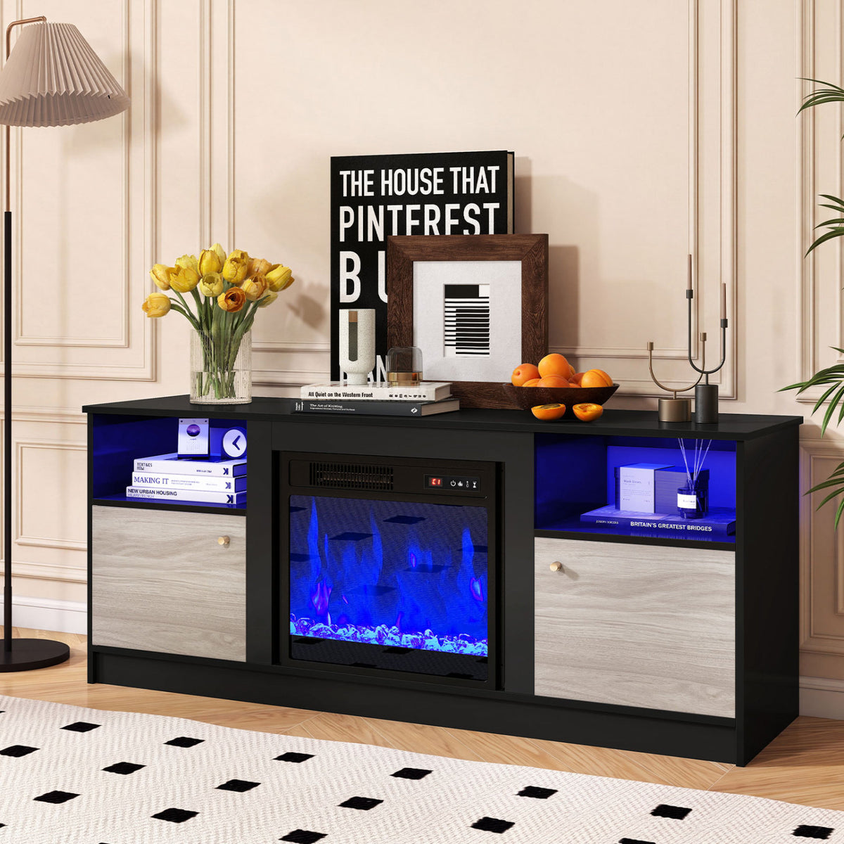 Entertainment Center with Adjustable Shelf & Open Compartment for 65â TVs