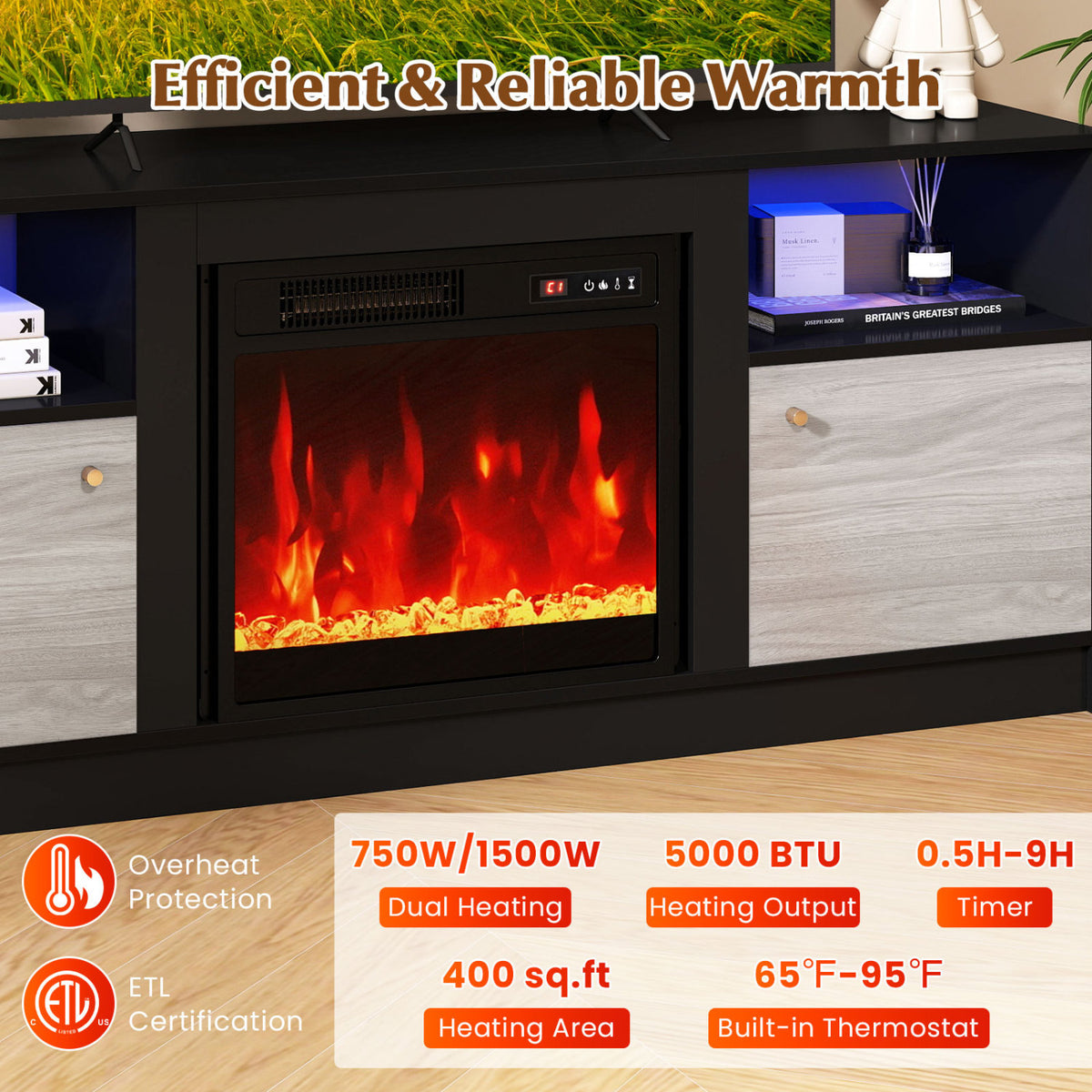 Entertainment Center with Adjustable Shelf & Open Compartment for 65â TVs