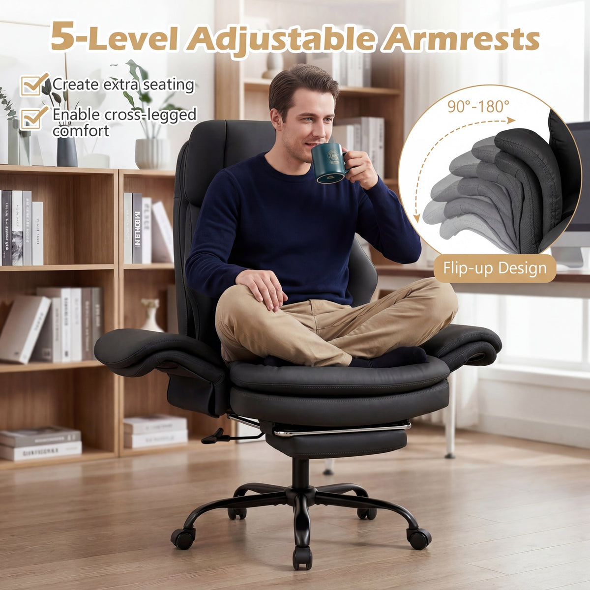 Ergonomic Cross Legged Office Chair Big and Tall Executive Chair with Retractable Footrest