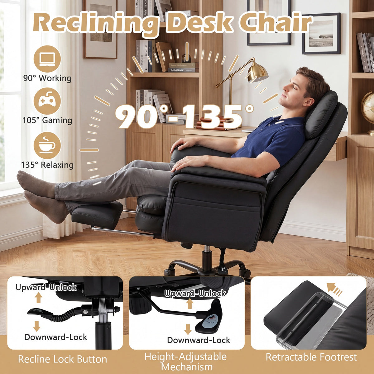 Ergonomic Cross Legged Office Chair Big and Tall Executive Chair with Retractable Footrest