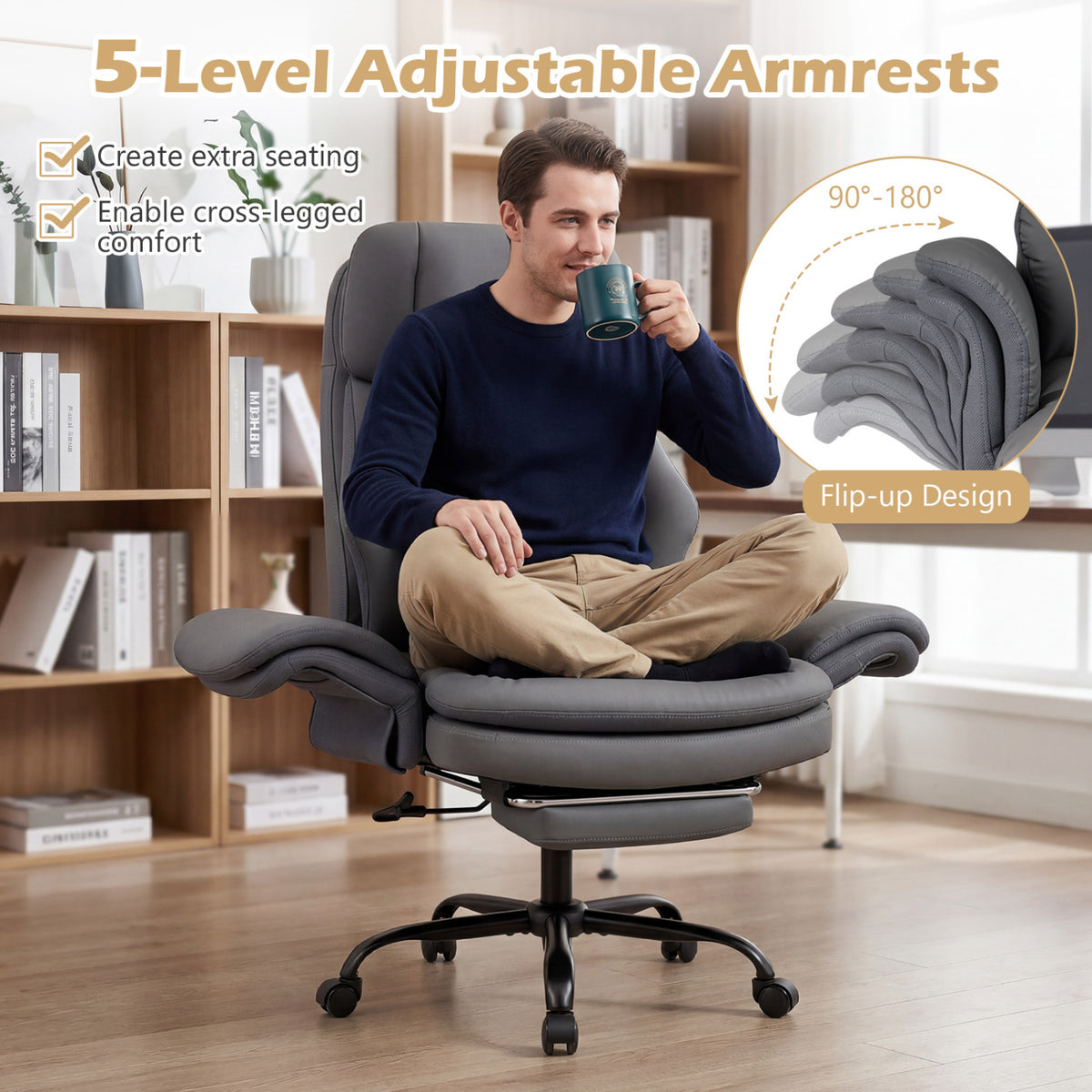 Ergonomic Cross Legged Office Chair Big and Tall Executive Chair with Retractable Footrest