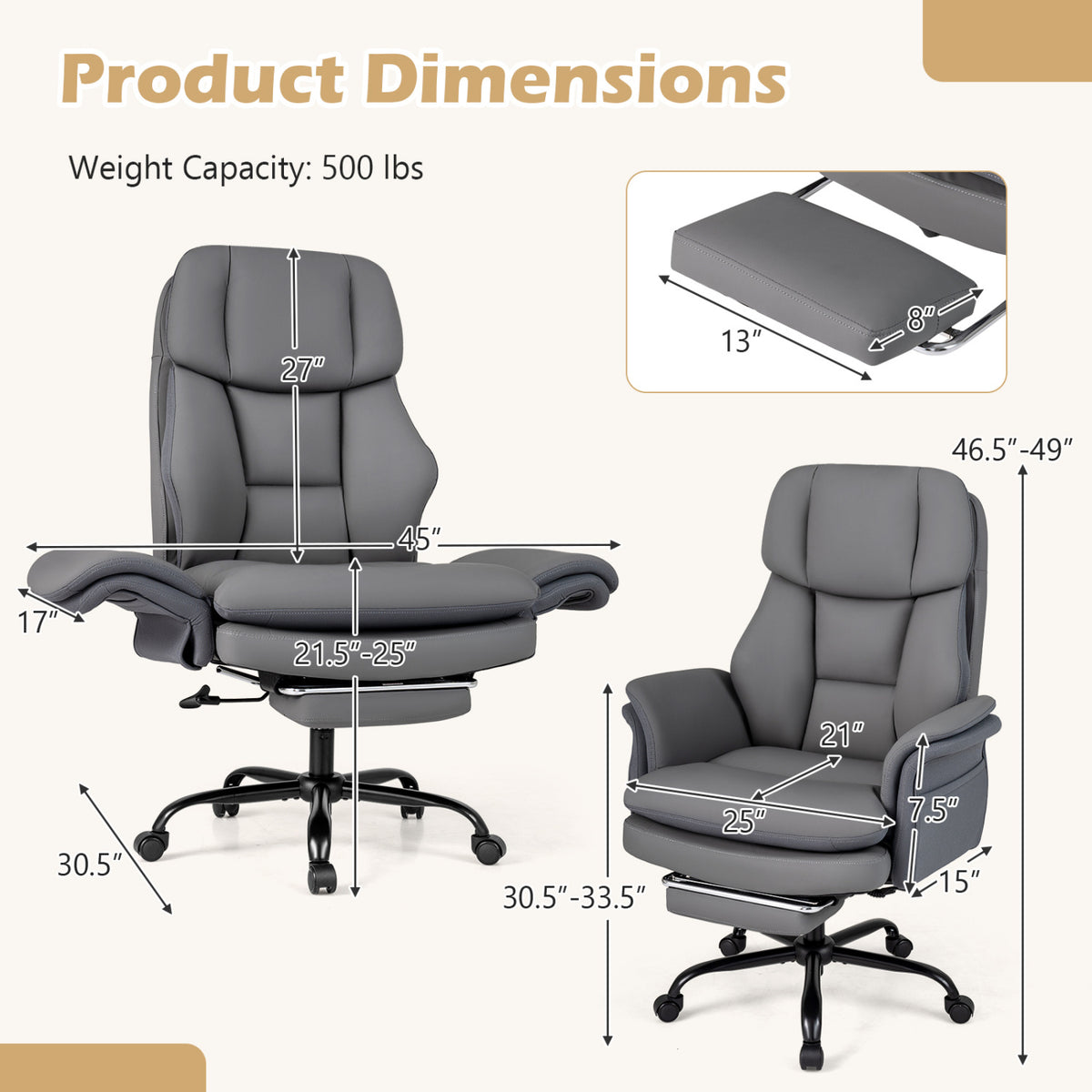 Ergonomic Cross Legged Office Chair Big and Tall Executive Chair with Retractable Footrest