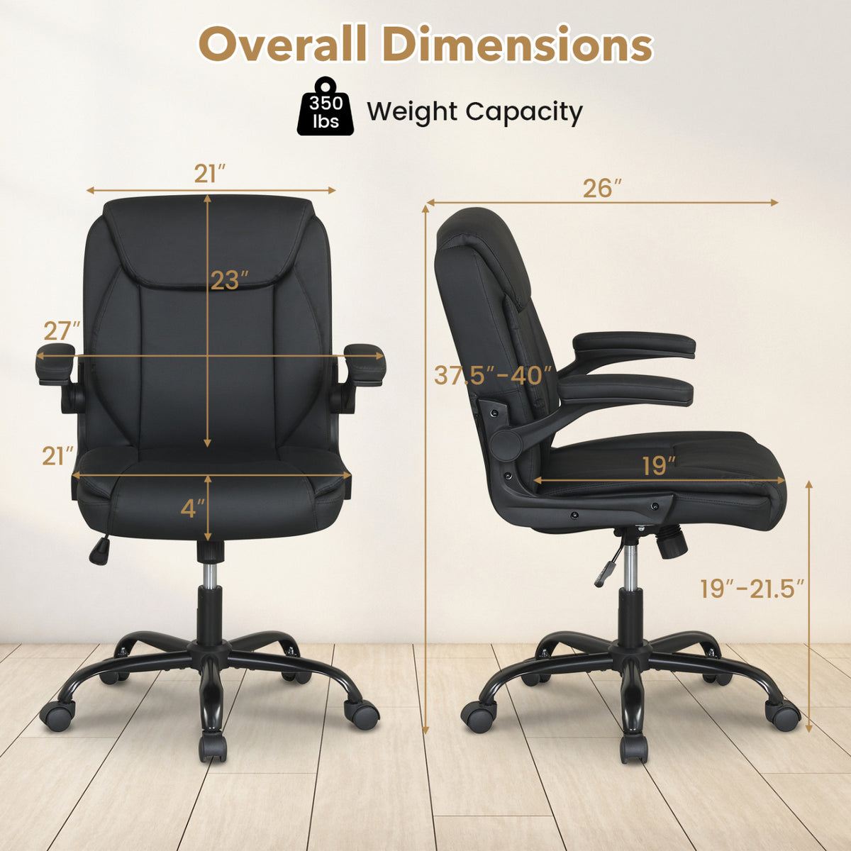 Ergonomic Leather Office Chair with Flip-up Armrests and Rocking Function-Black