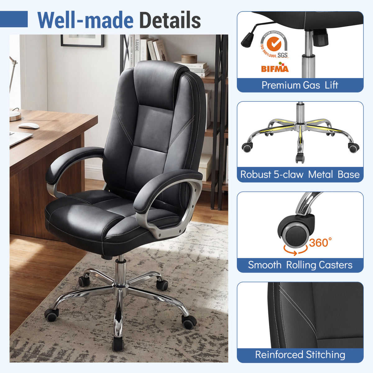 Ergonomic Leather Office Chair with Padded Armrests and Rocking Backrest-Black