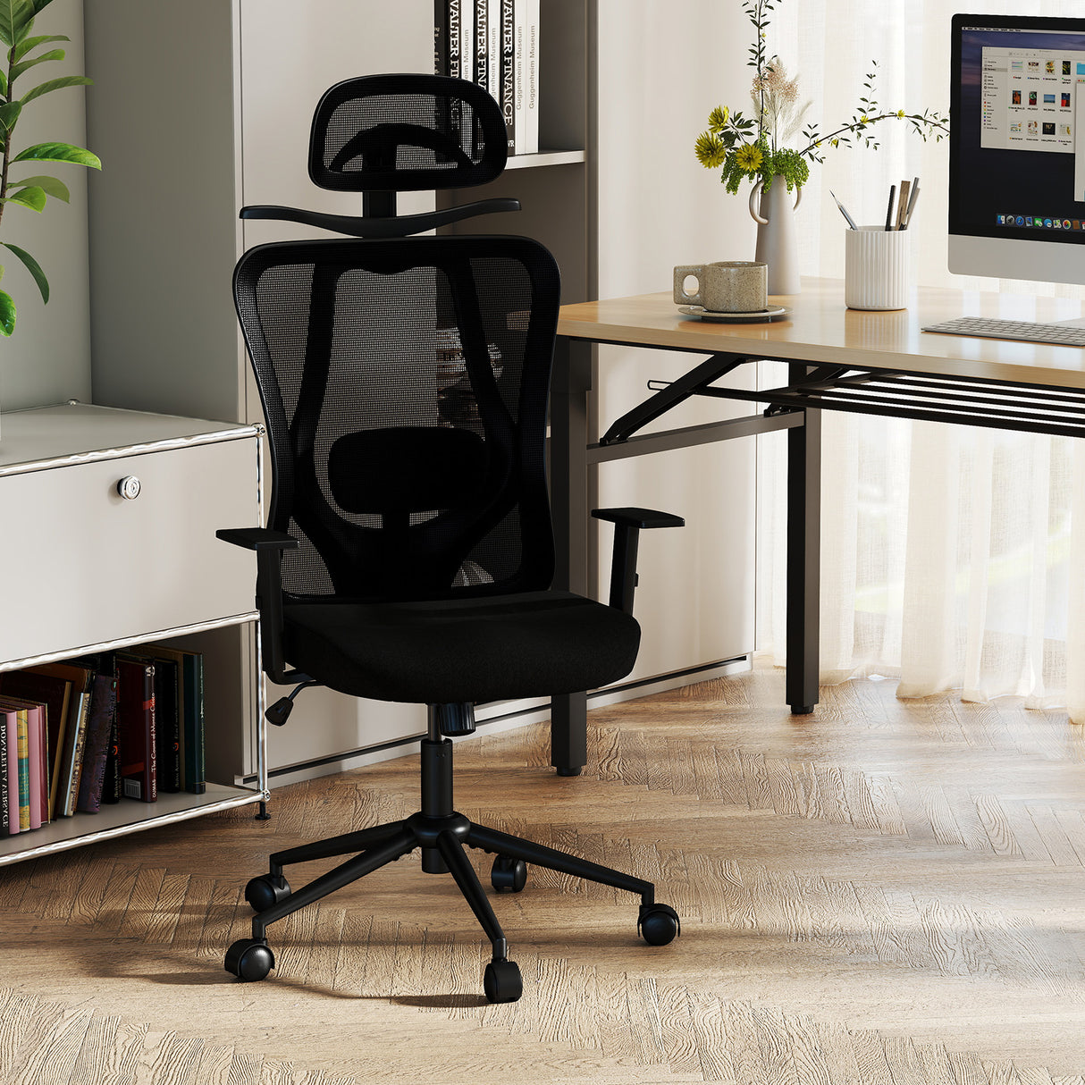 Ergonomic Office Chair with 3D Headrest and Reclining Backrest-Black