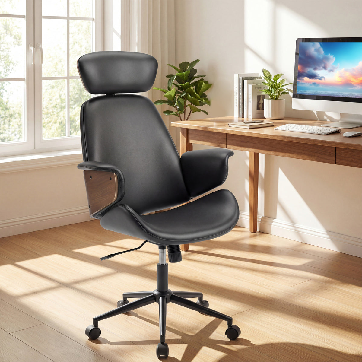 Ergonomic Office Chair with Headrest Adjustable Height for Home Office and Study-Black