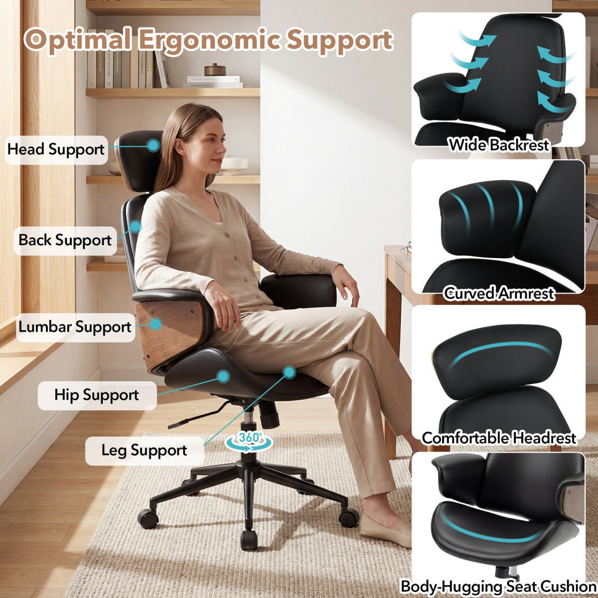 Ergonomic Office Chair with Headrest Adjustable Height for Home Office and Study-Black
