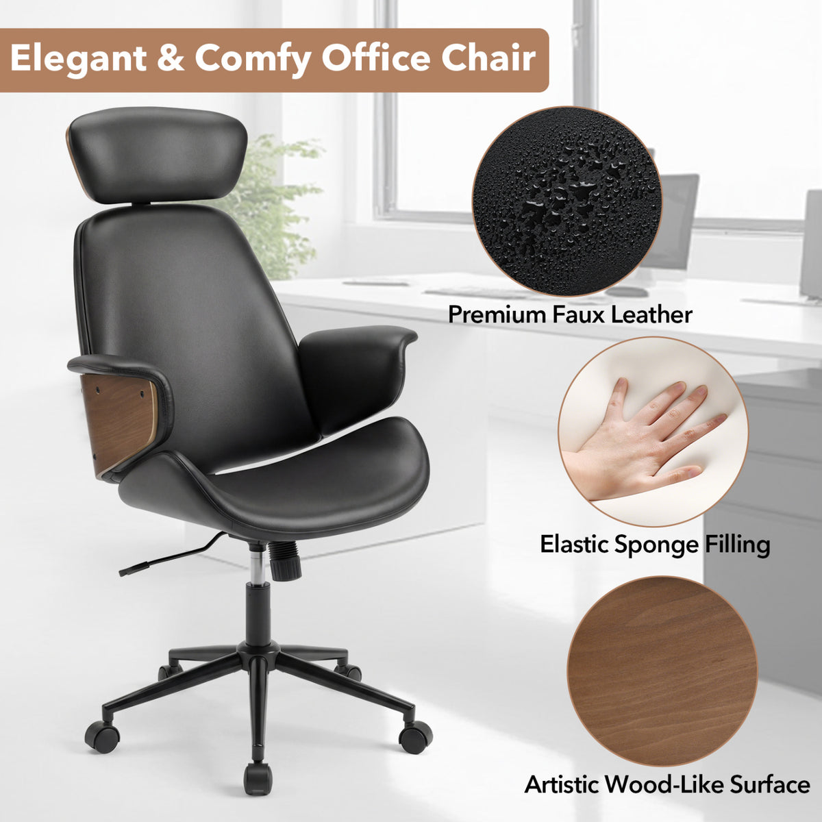 Ergonomic Office Chair with Headrest Adjustable Height for Home Office and Study-Black