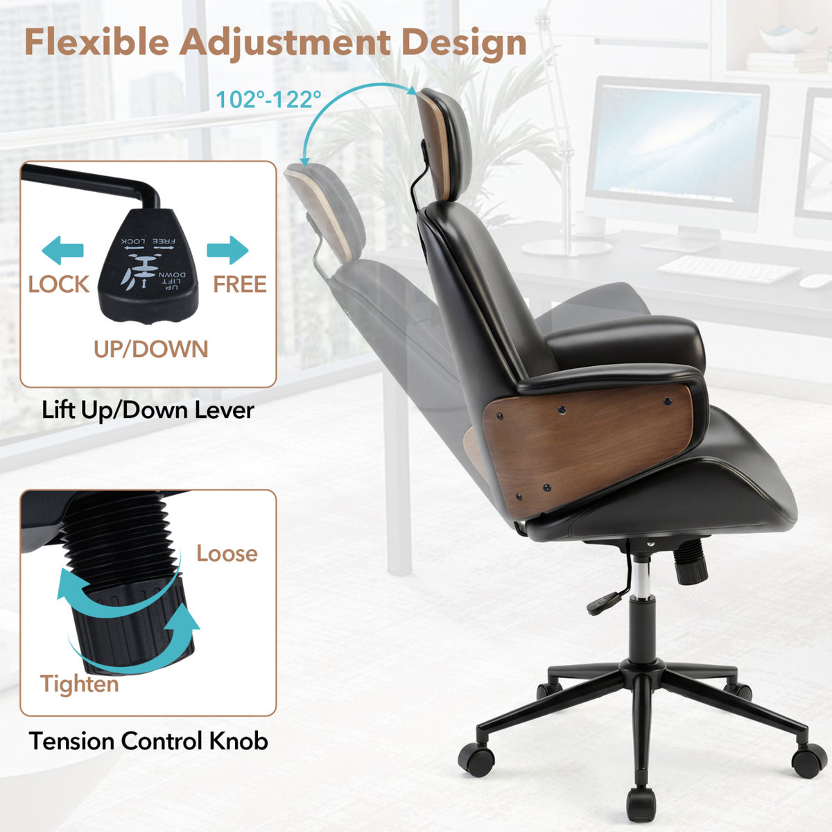Ergonomic Office Chair with Headrest Adjustable Height for Home Office and Study-Black
