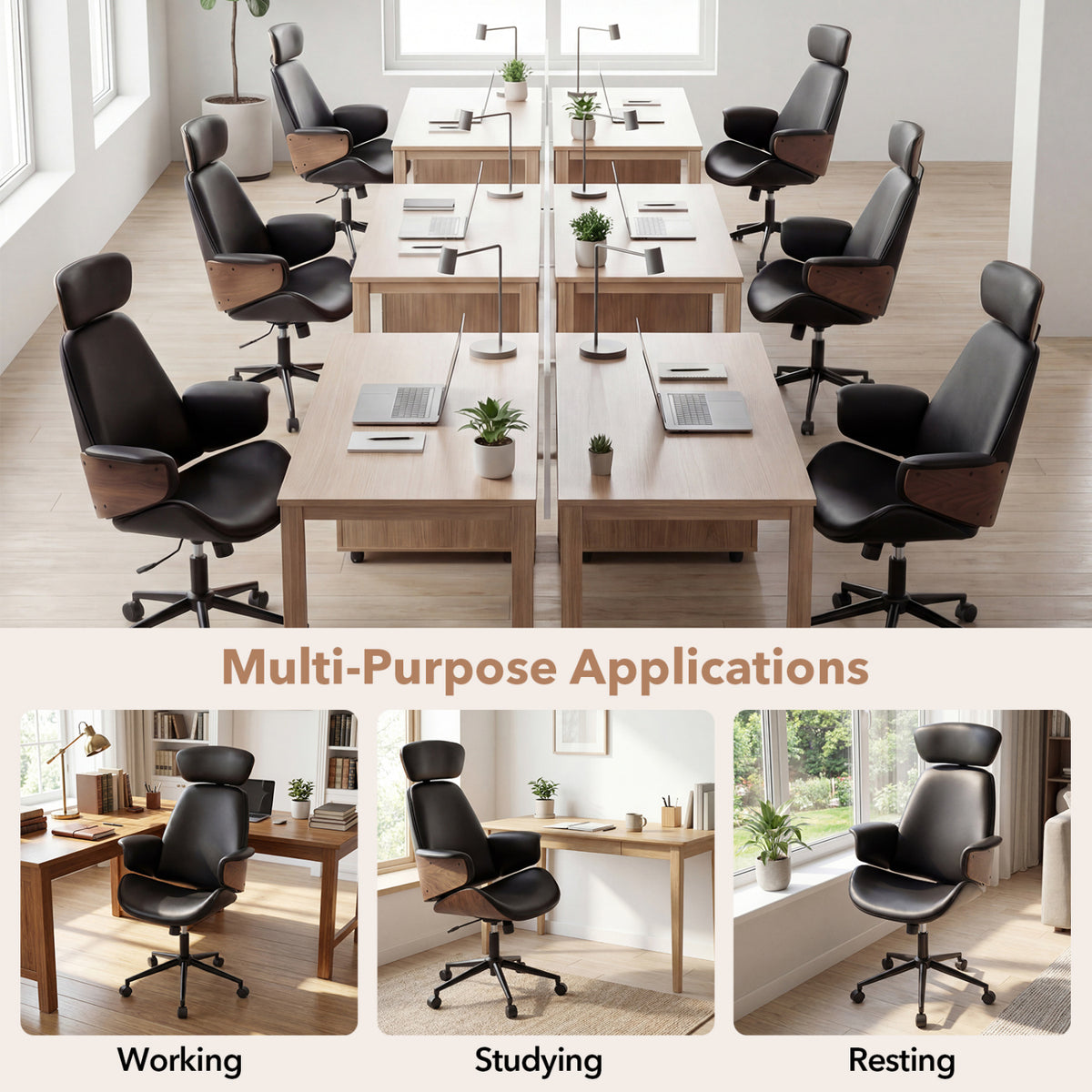 Ergonomic Office Chair with Headrest Adjustable Height for Home Office and Study-Black