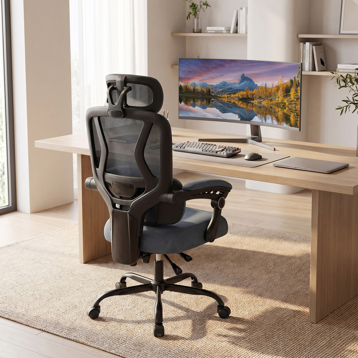 Ergonomic Office Computer Mesh Chair with High Back Adaptive Lumbar Support and 2D Adjustable Headrest