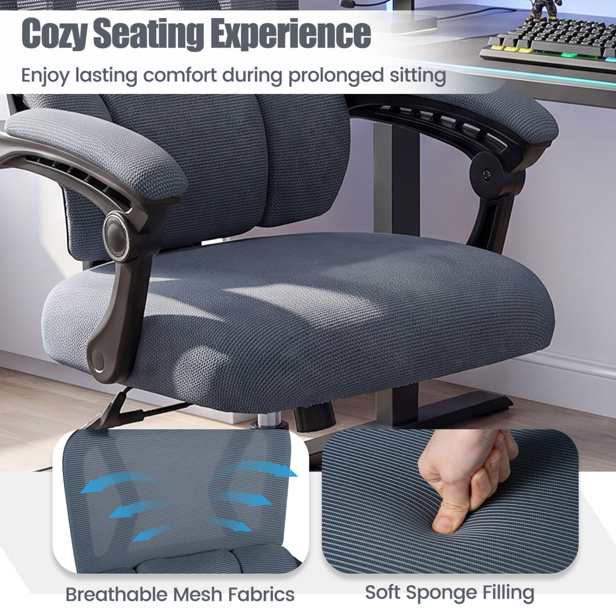 Ergonomic Office Computer Mesh Chair with High Back Adaptive Lumbar Support and 2D Adjustable Headrest