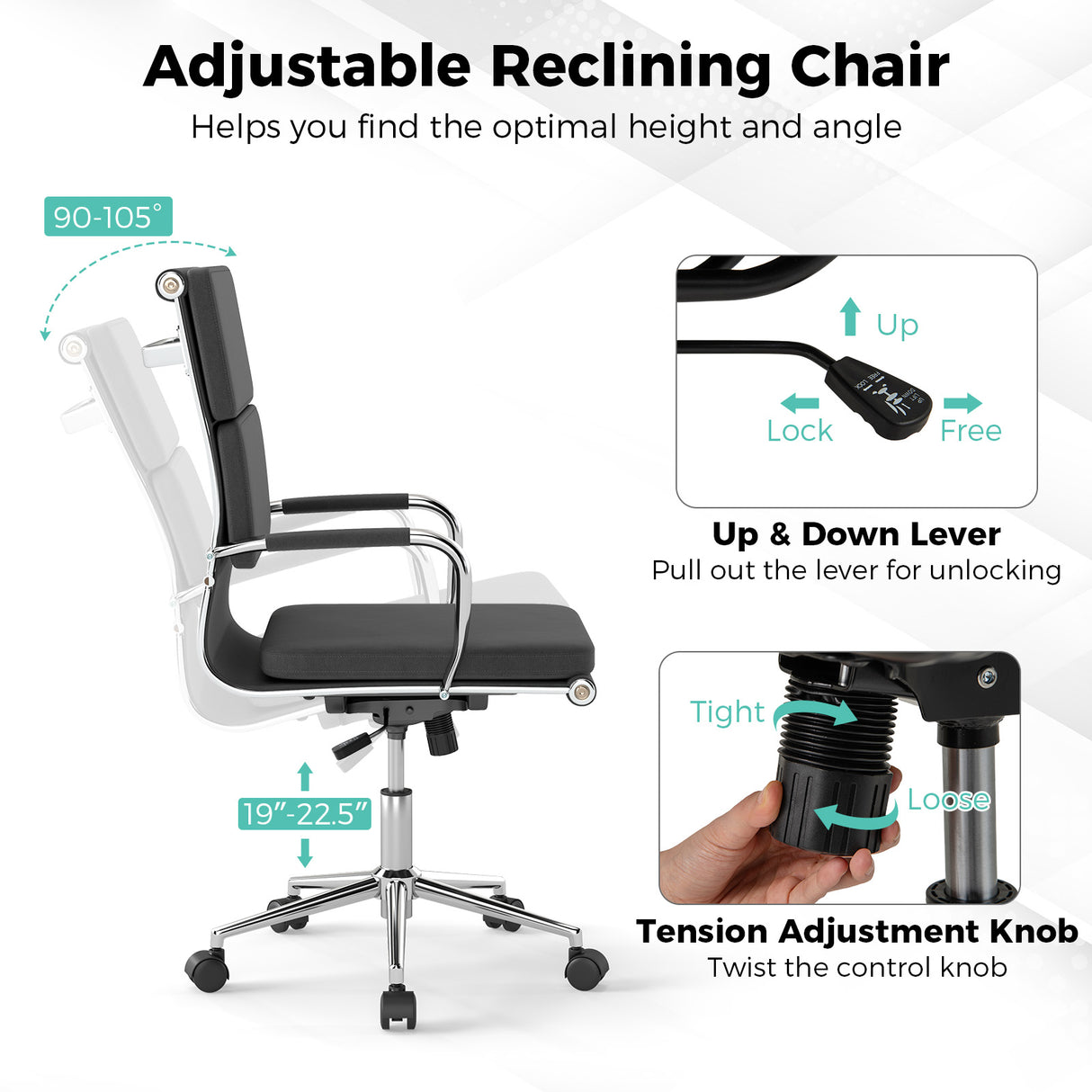 Ergonomic Office Desk Chair with Rocking Backrest and Height-adjustable Padded Seat-Gray