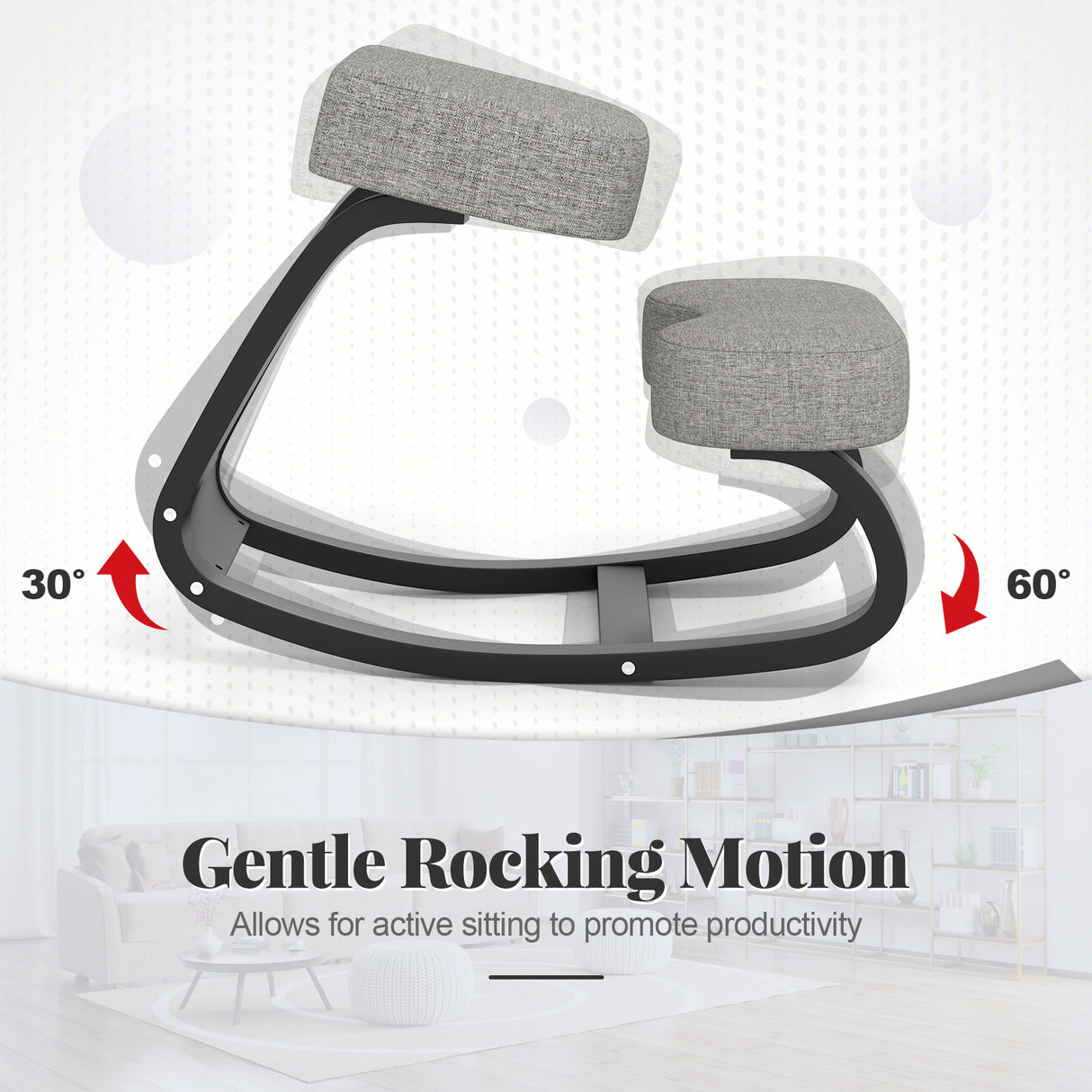 Wooden Ergonomic Backless Rocking Kneeling Chair with Padded Cushion-Gray