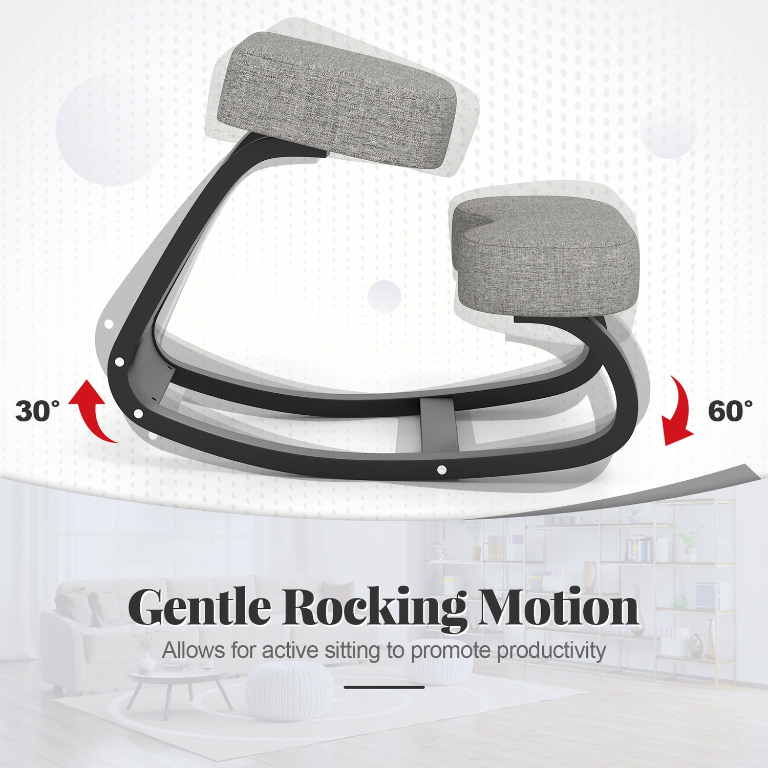 Wooden Ergonomic Backless Rocking Kneeling Chair with Padded Cushion-Gray