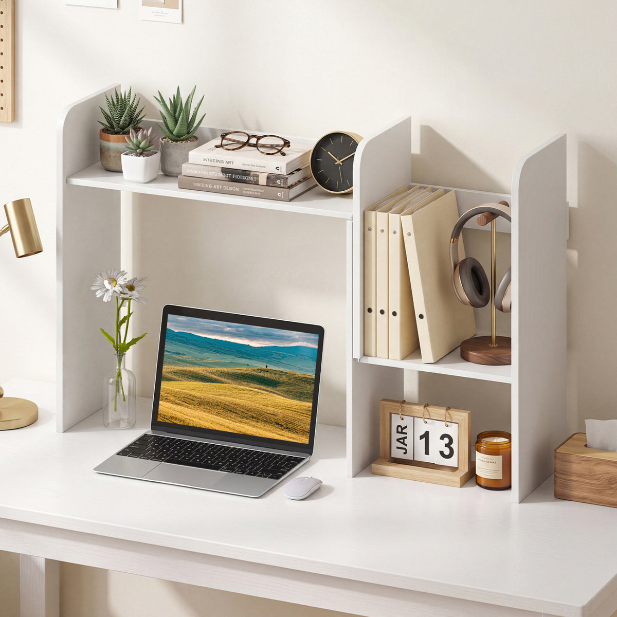 Expandable Desk Bookshelf with Open Cubes and Desktop Display Rack