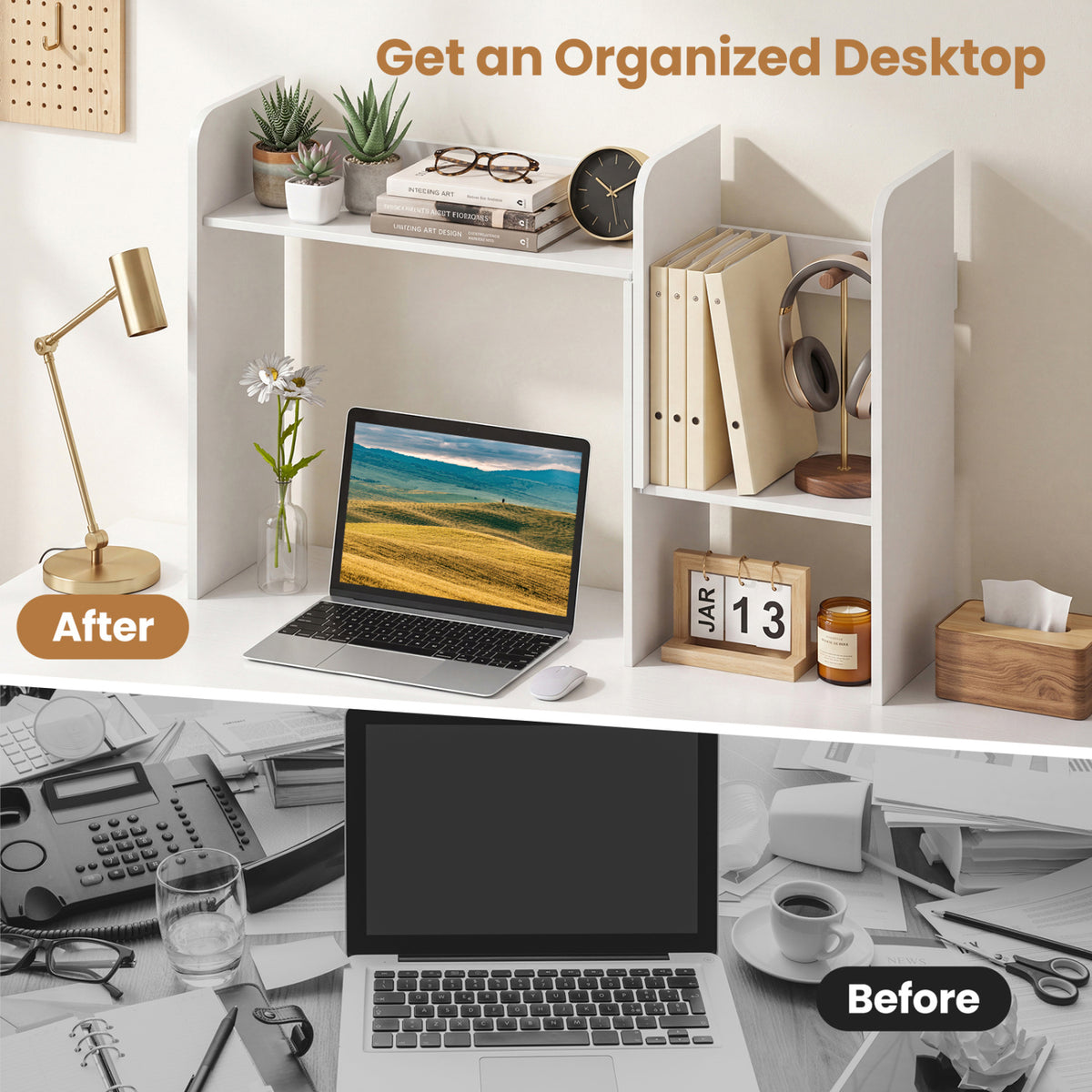 Expandable Desk Bookshelf with Open Cubes and Desktop Display Rack