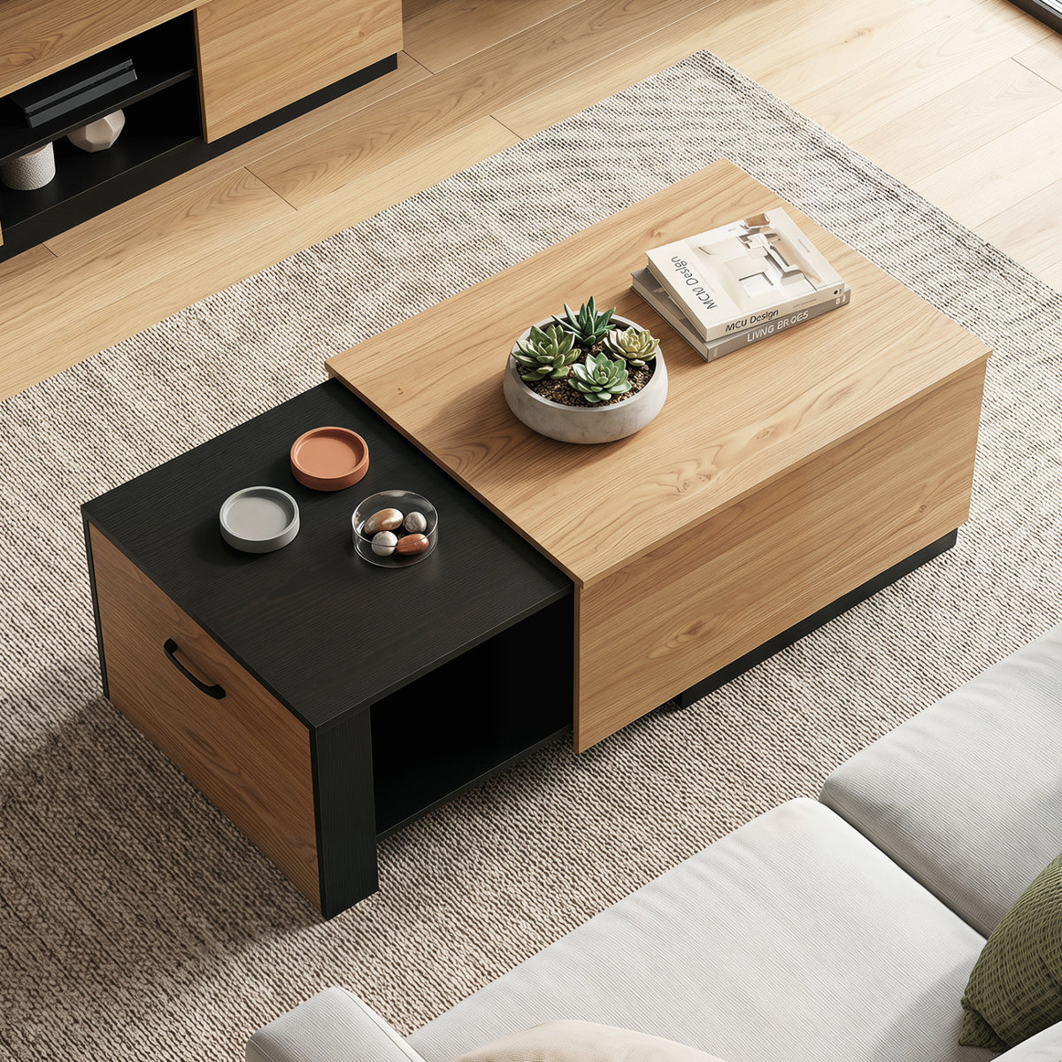 Extendable Coffee table with Concealed Storage Compartment-Natural