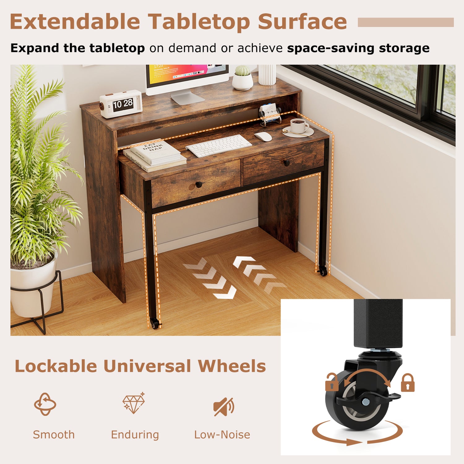 Extendable Computer Desk with 2 Storage Drawers Convertible Home Office Rolling Study Writing Desk