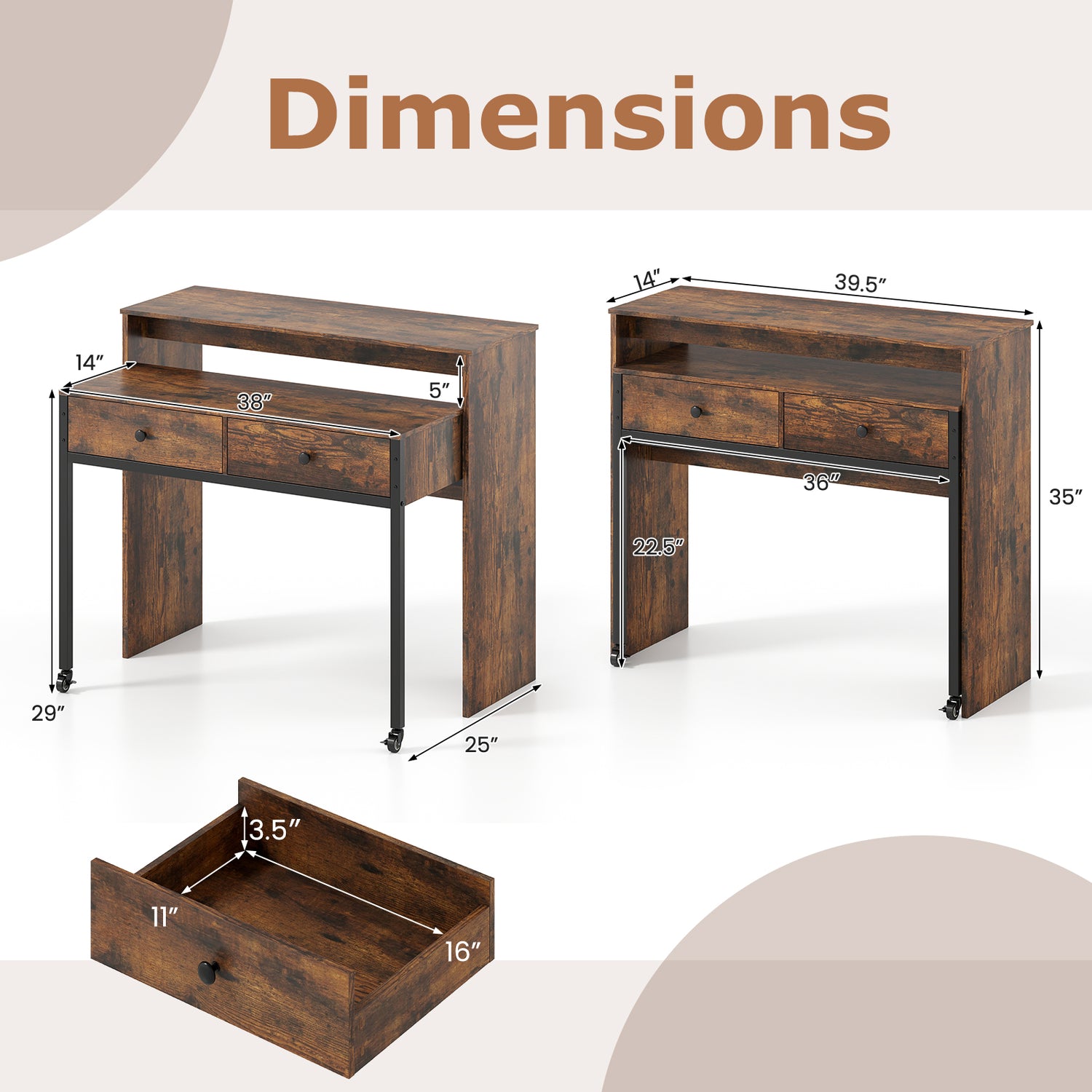 Extendable Computer Desk with 2 Storage Drawers Convertible Home Office Rolling Study Writing Desk