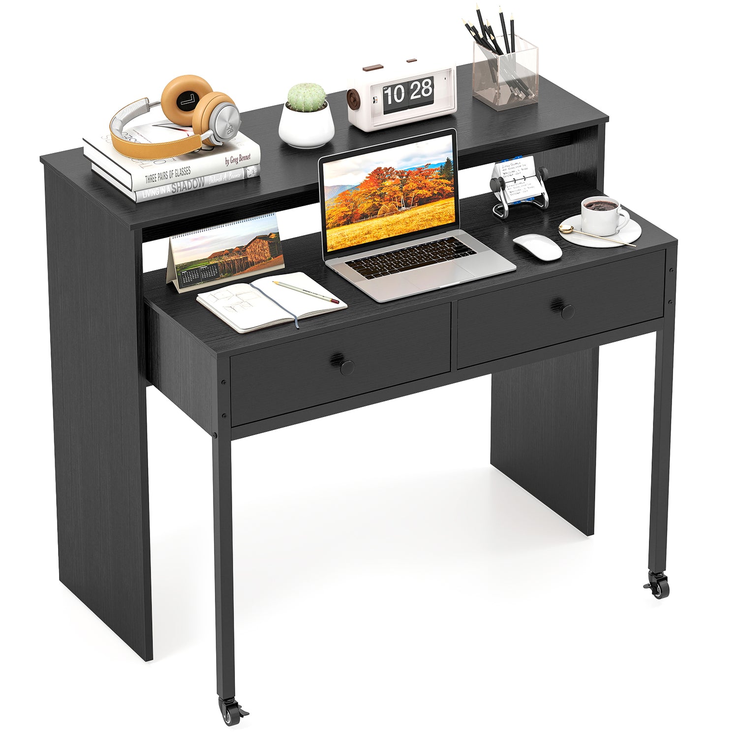 Extendable Computer Desk with 2 Storage Drawers Convertible Home Office Rolling Study Writing Desk