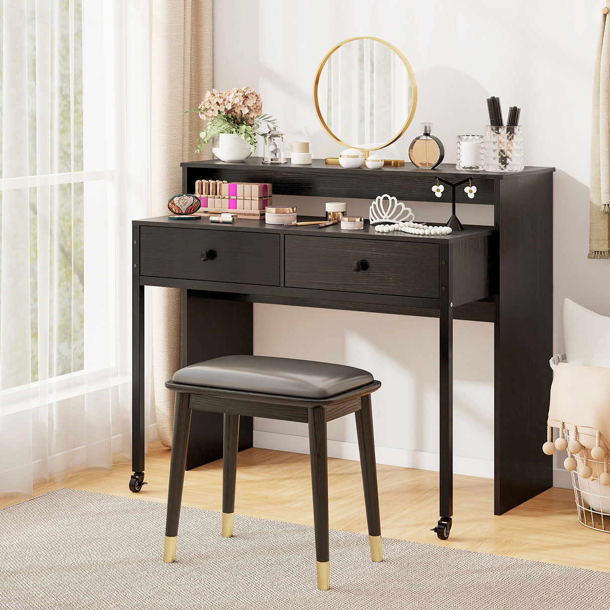 Extendable Computer Desk with 2 Storage Drawers Convertible Home Office Rolling Study Writing Desk