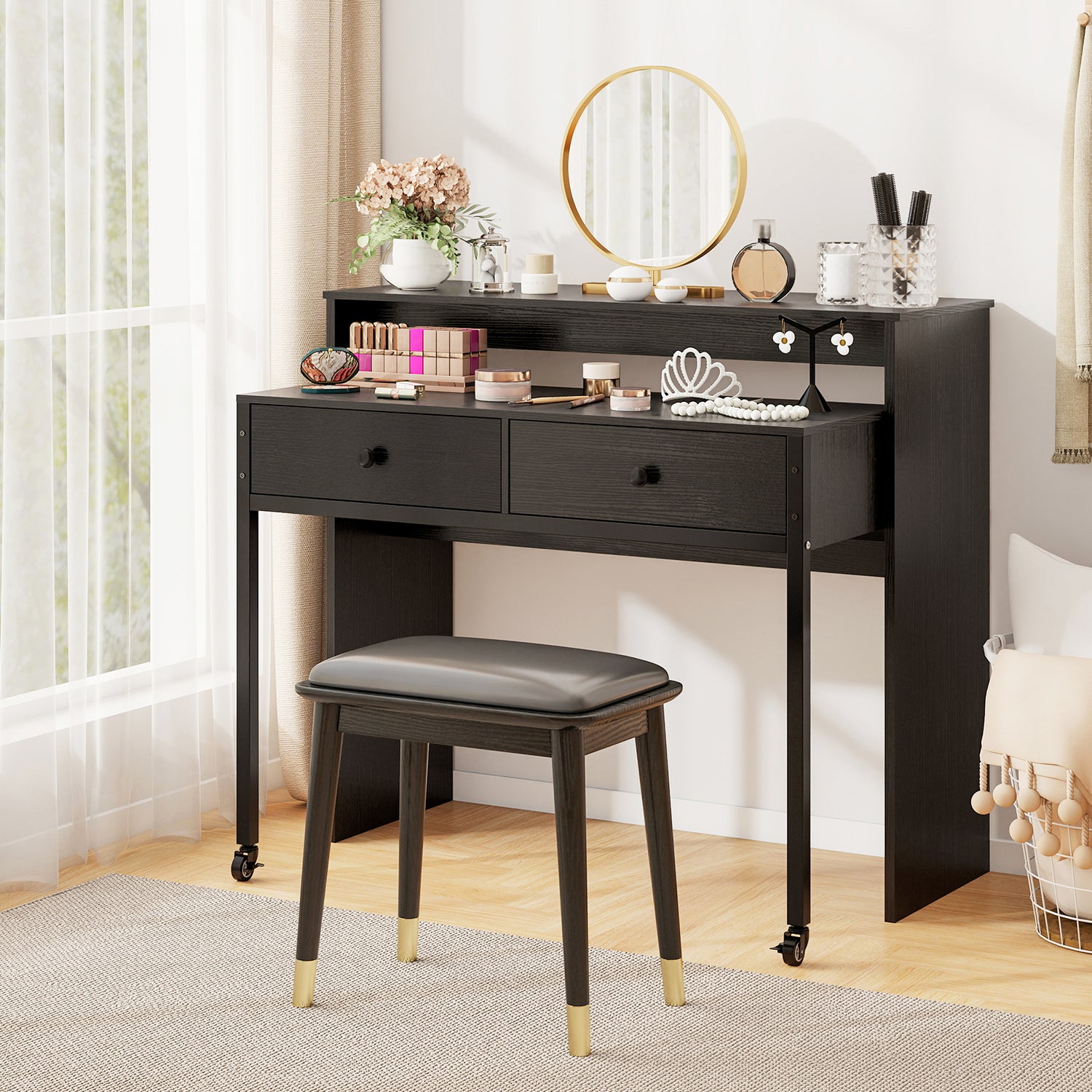 Extendable Computer Desk with 2 Storage Drawers Convertible Home Office Rolling Study Writing Desk