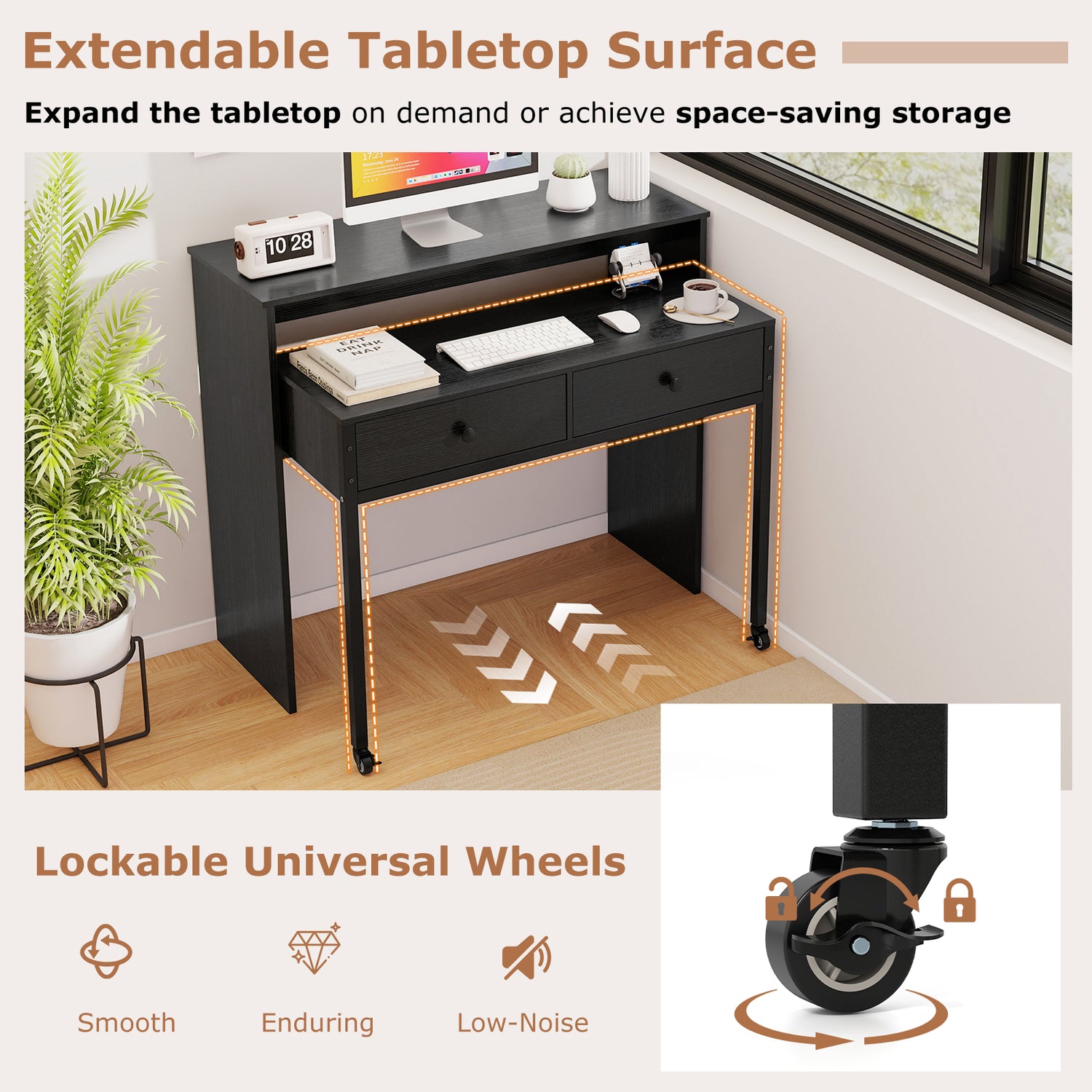Extendable Computer Desk with 2 Storage Drawers Convertible Home Office Rolling Study Writing Desk