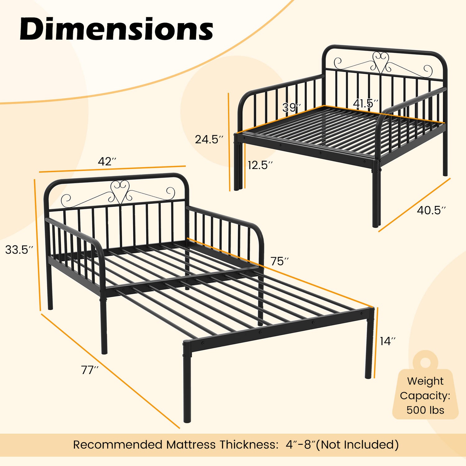 Extendable Metal Daybed to Twin Size Bed with Guardrails and Armrests
