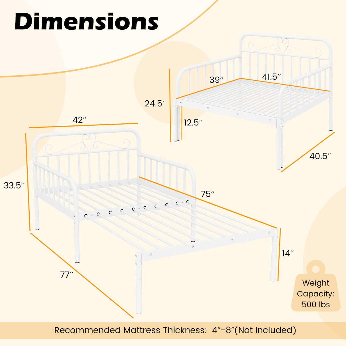 Extendable Metal Daybed to Twin Size Bed with Guardrails and Armrests