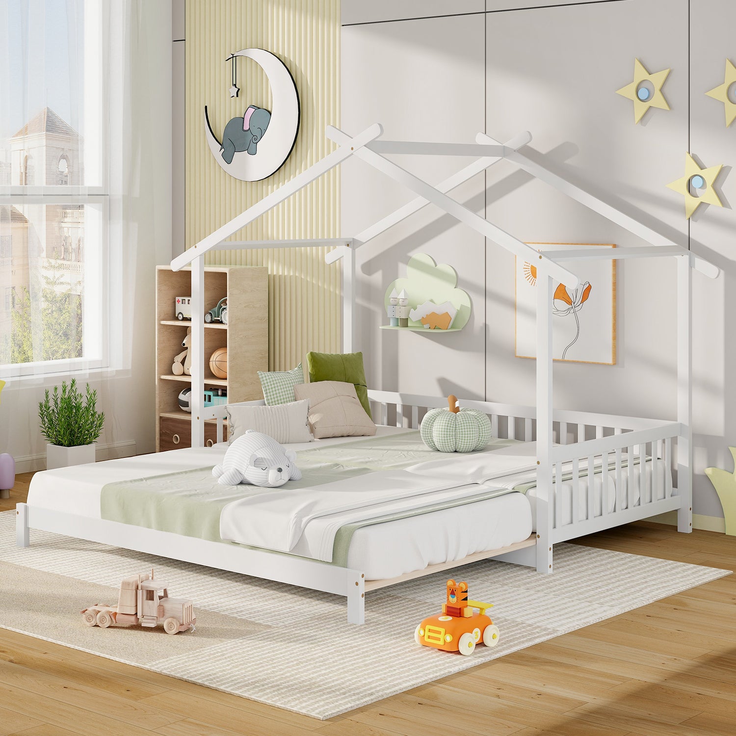 Extendable House Bed Twin to King Daybed with Roof and Fence Rails