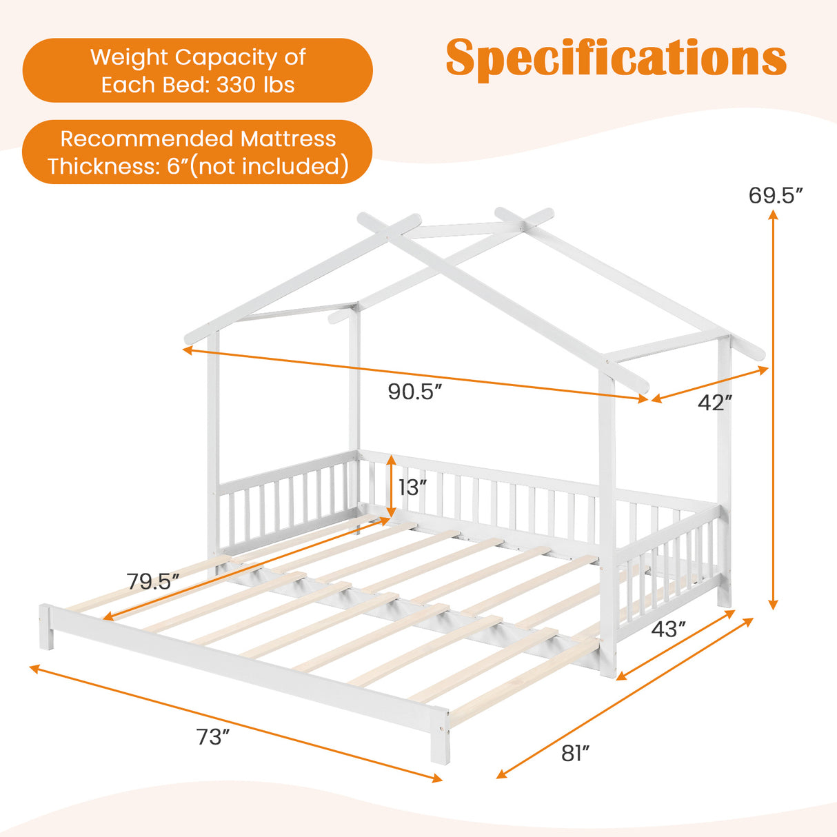 Extendable House Bed Twin to King Daybed with Roof and Fence Rails