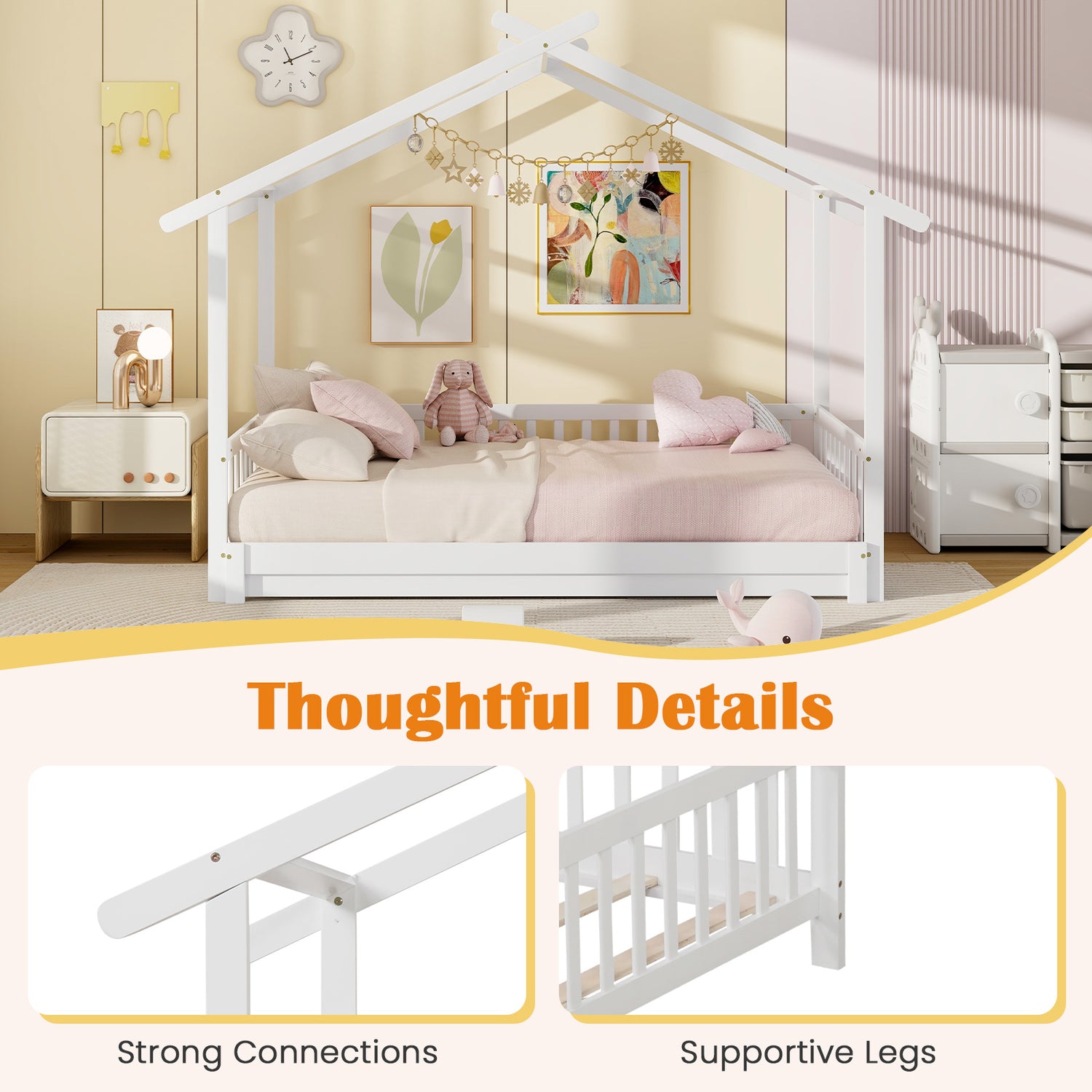 Extendable House Bed Twin to King Daybed with Roof and Fence Rails