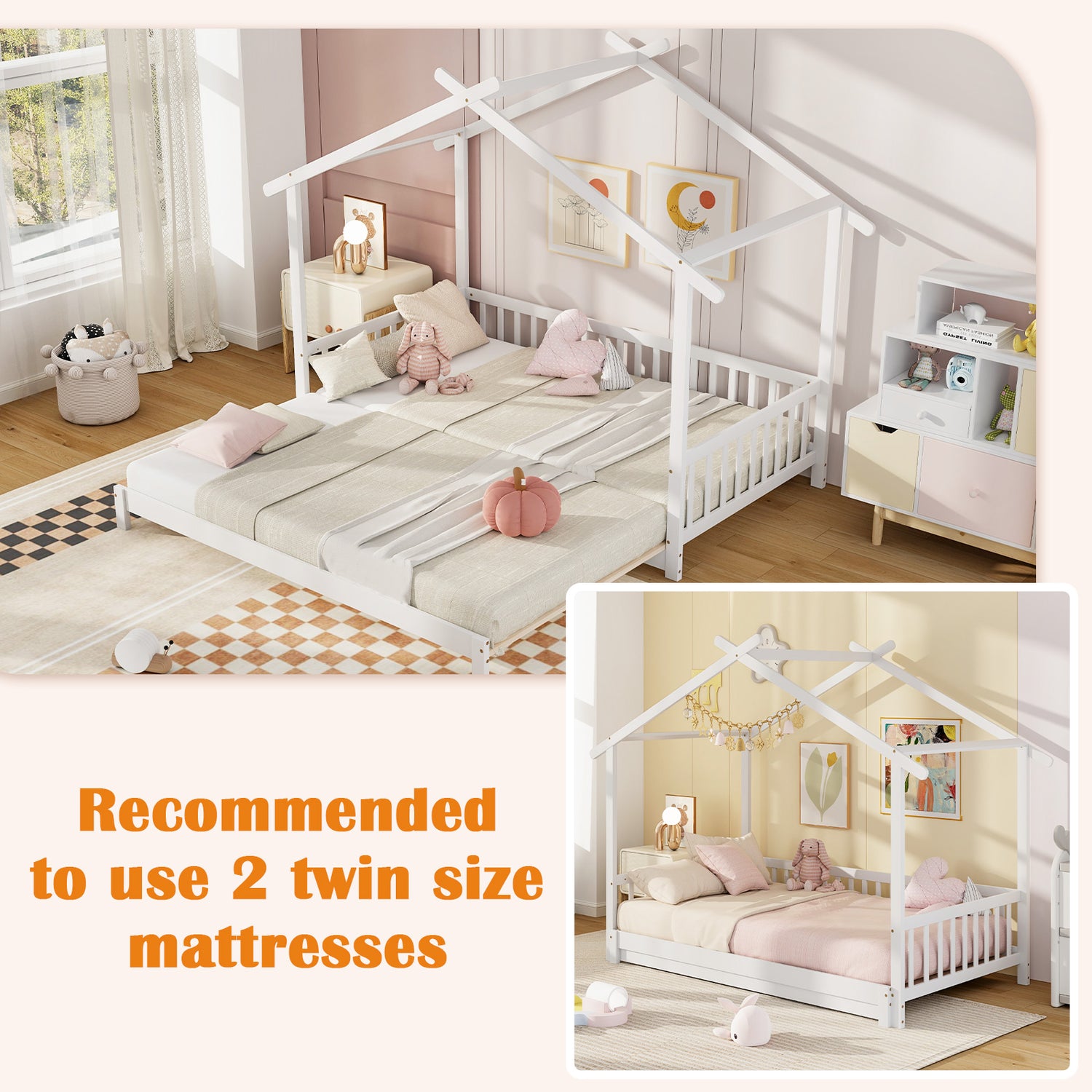 Extendable House Bed Twin to King Daybed with Roof and Fence Rails