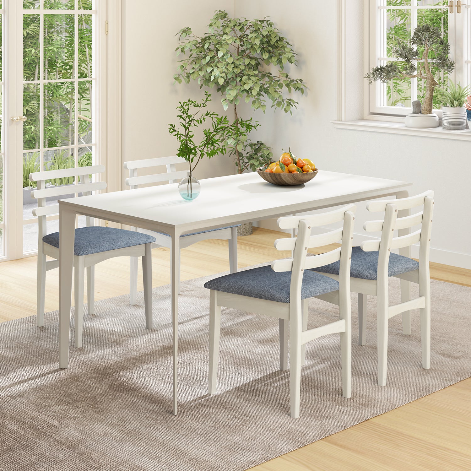 Fabric Kitchen Side Chairs with Rubber Wood Frame and Padded Seat-White
