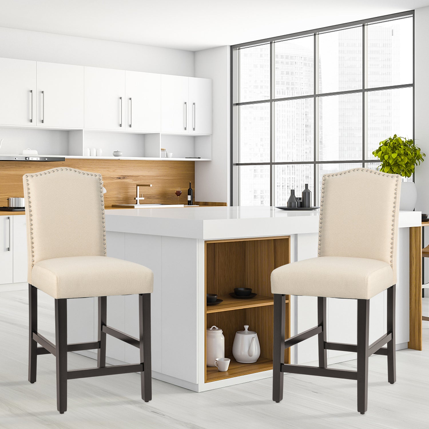 2 Pcs Fabric Nail Head Counter Height Dining Side Chairs Set-Beige