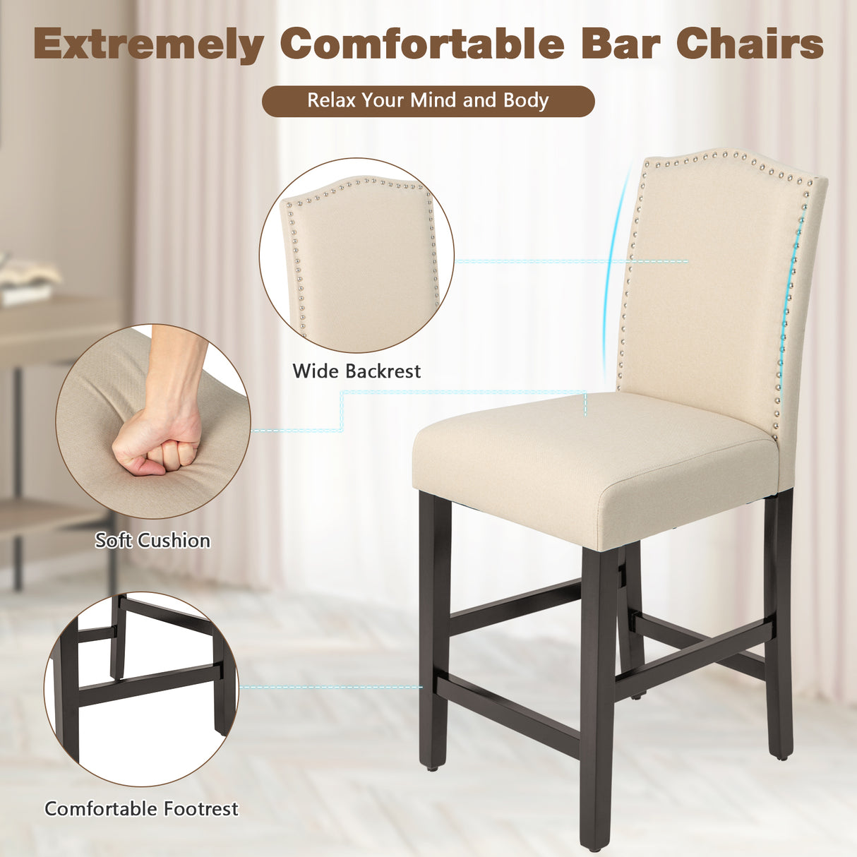 2 Pcs Fabric Nail Head Counter Height Dining Side Chairs Set-Beige