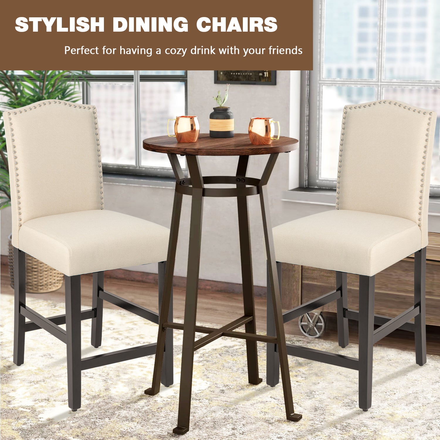 2 Pcs Fabric Nail Head Counter Height Dining Side Chairs Set-Beige