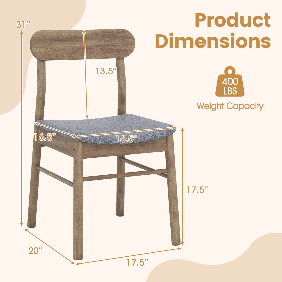 Fabric Upholstered Kitchen Armless Dining Chairs with Rubber Wood Frame Set of 2-Oak