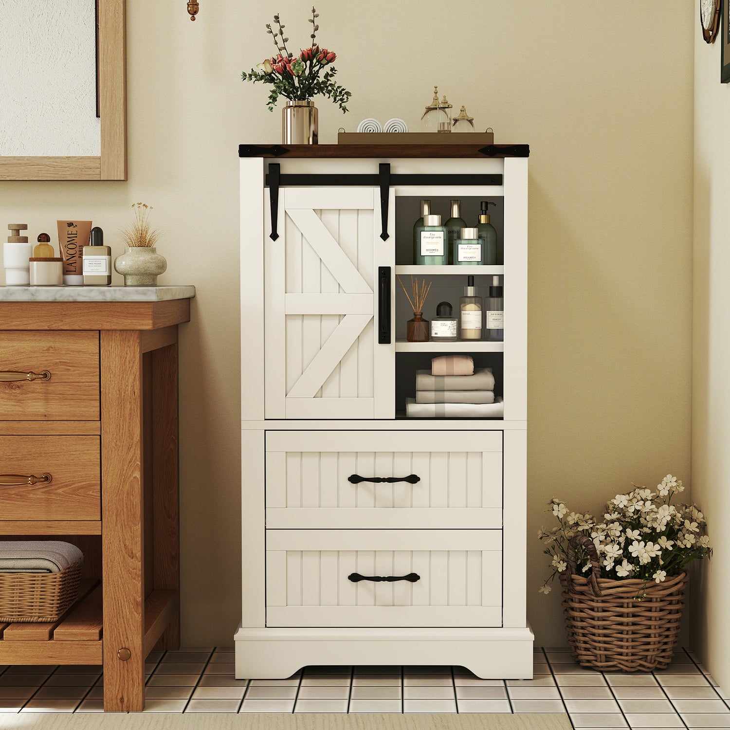 Farmhouse Bathroom Floor Cabinet Freestanding Wooden Storage Organizer-White