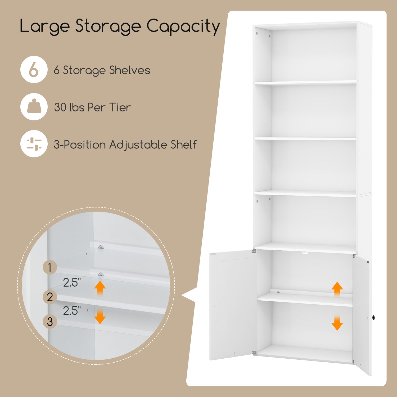 71 Inch Freestanding Bookshelf with 6 Shelves and 2-Door Cabinet