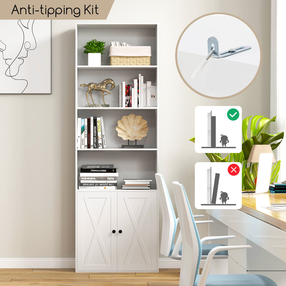 71 Inch Freestanding Bookshelf with 6 Shelves and 2-Door Cabinet