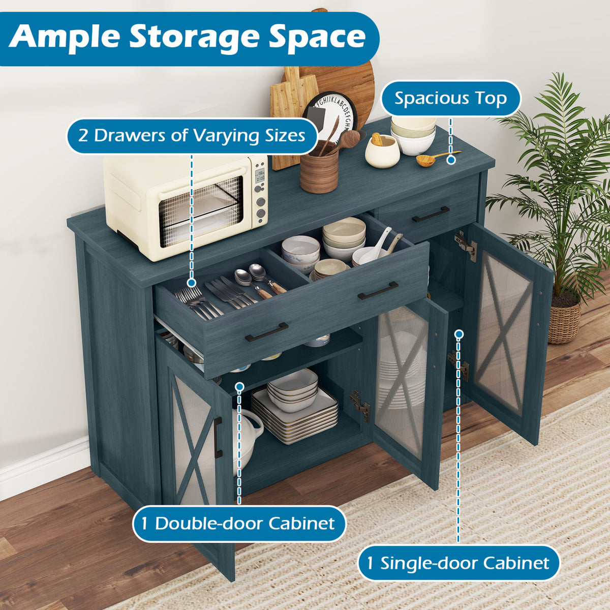 Farmhouse Buffet Sideboard 3-Door Kitchen Storage Cabinet with 2 Drawers