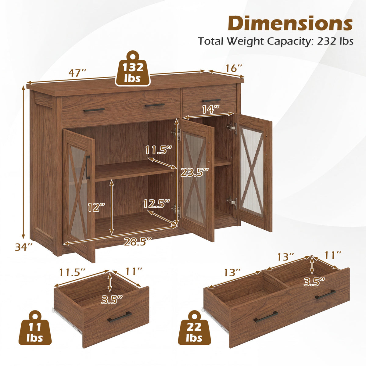Farmhouse Buffet Sideboard 3-Door Kitchen Storage Cabinet with 2 Drawers