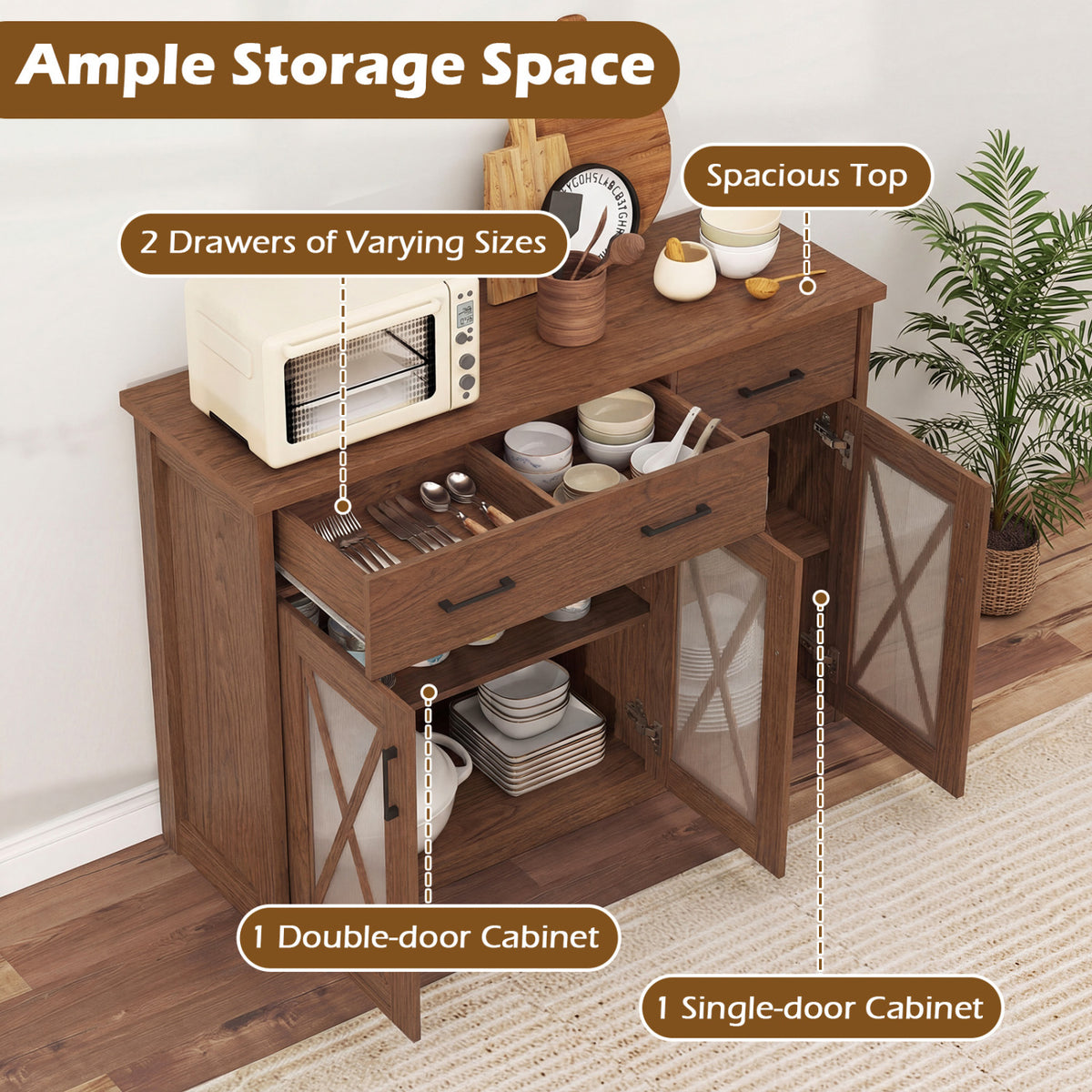 Farmhouse Buffet Sideboard 3-Door Kitchen Storage Cabinet with 2 Drawers