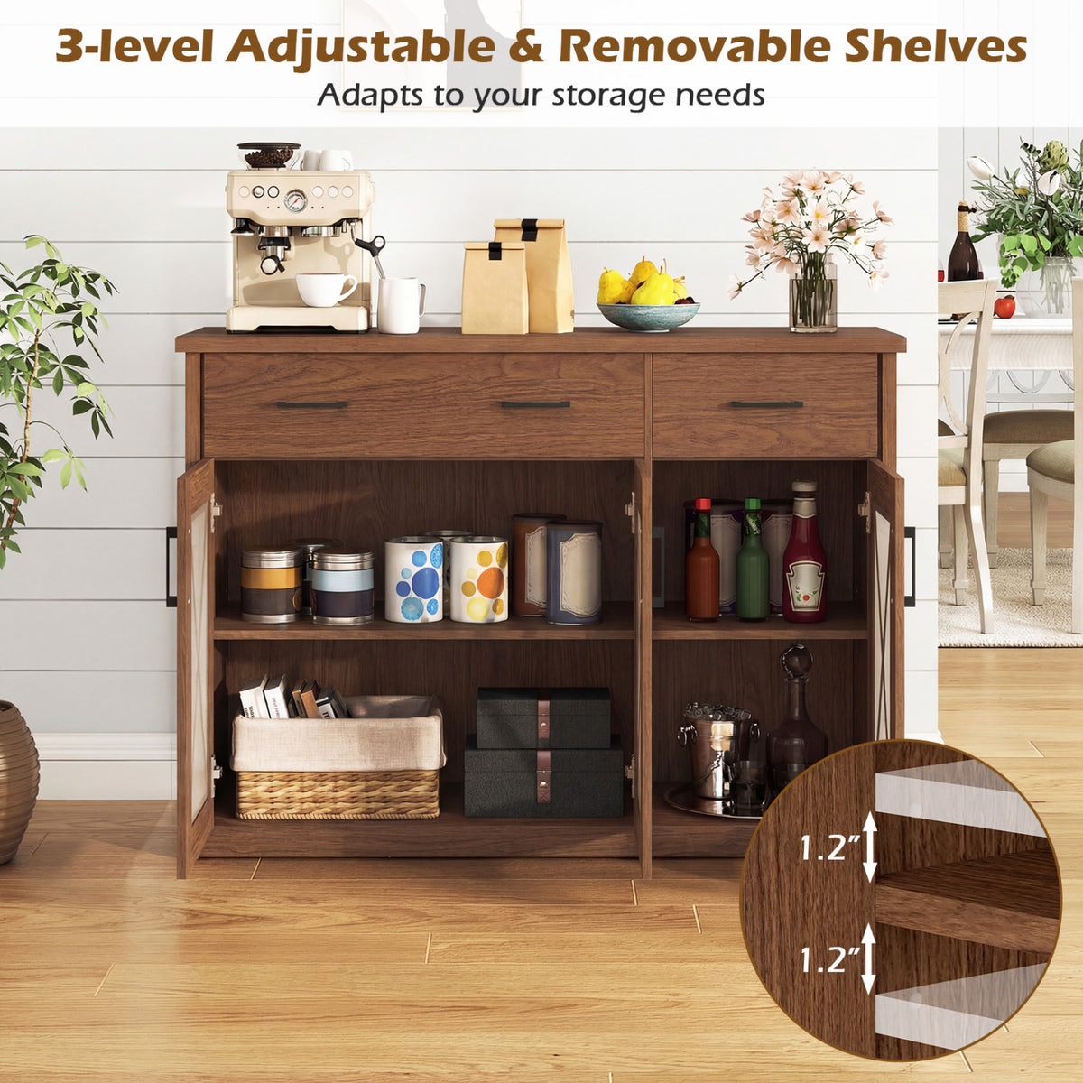 Farmhouse Buffet Sideboard 3-Door Kitchen Storage Cabinet with 2 Drawers