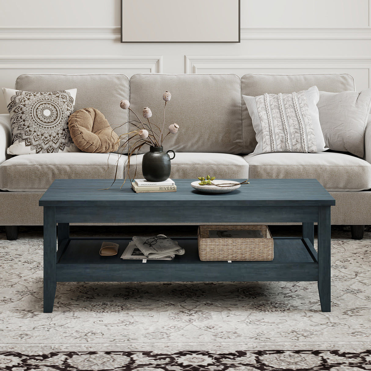 Farmhouse Coffee Table Rustic Cocktail Center Table with Thickened Tabletop