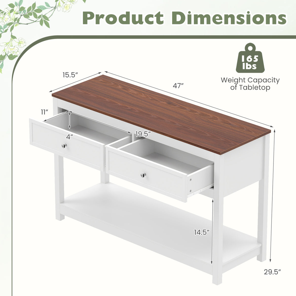 Farmhouse Console Table with 2 Drawers & Open Storage Shelf-White