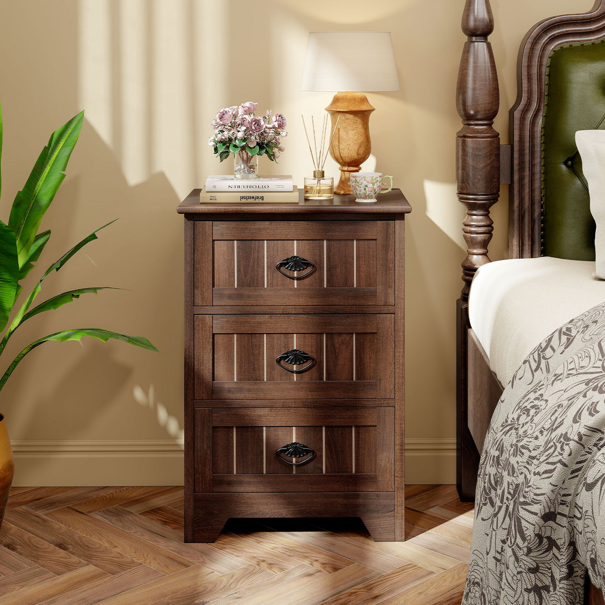 3 Drawers End Storage Wood Side Nightstand