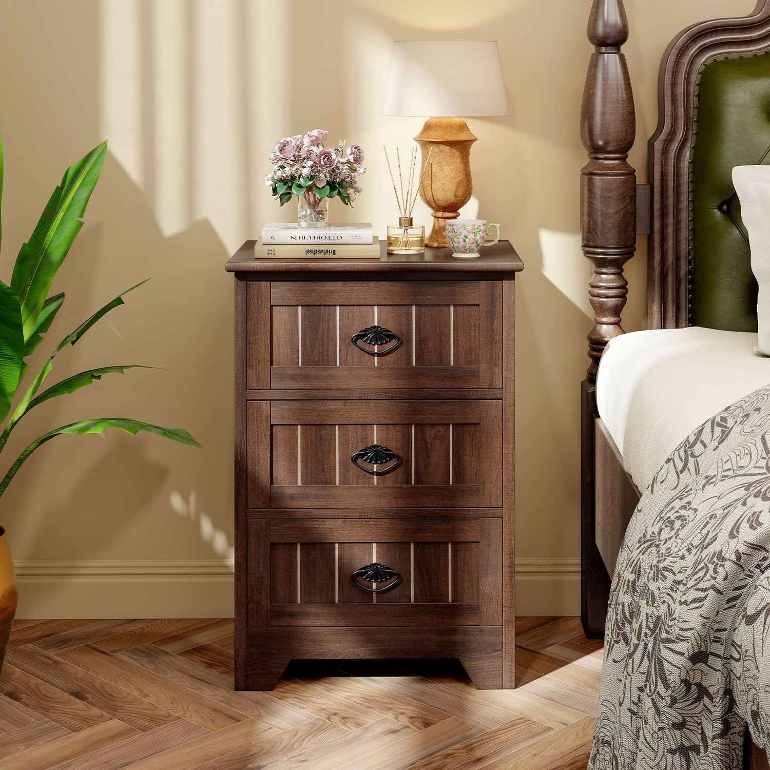 Farmhouse Nightstand with 3 Storage Drawers and Handles